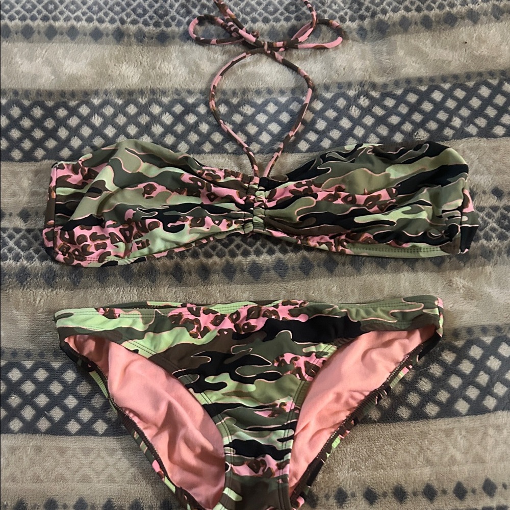 OP Women's Pink and Green Camo Bikini Set bandeau top Large bottoms medium